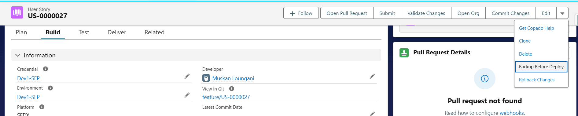 Backup Before Deploy action on a Copado User Story