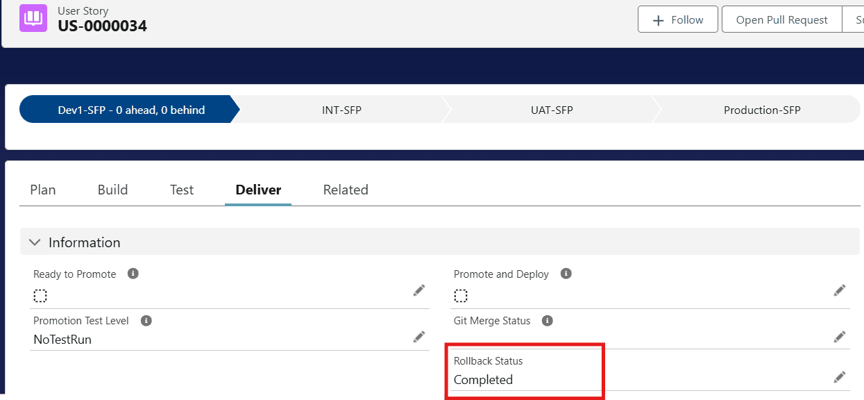 User Story Rollback Status set to Completed